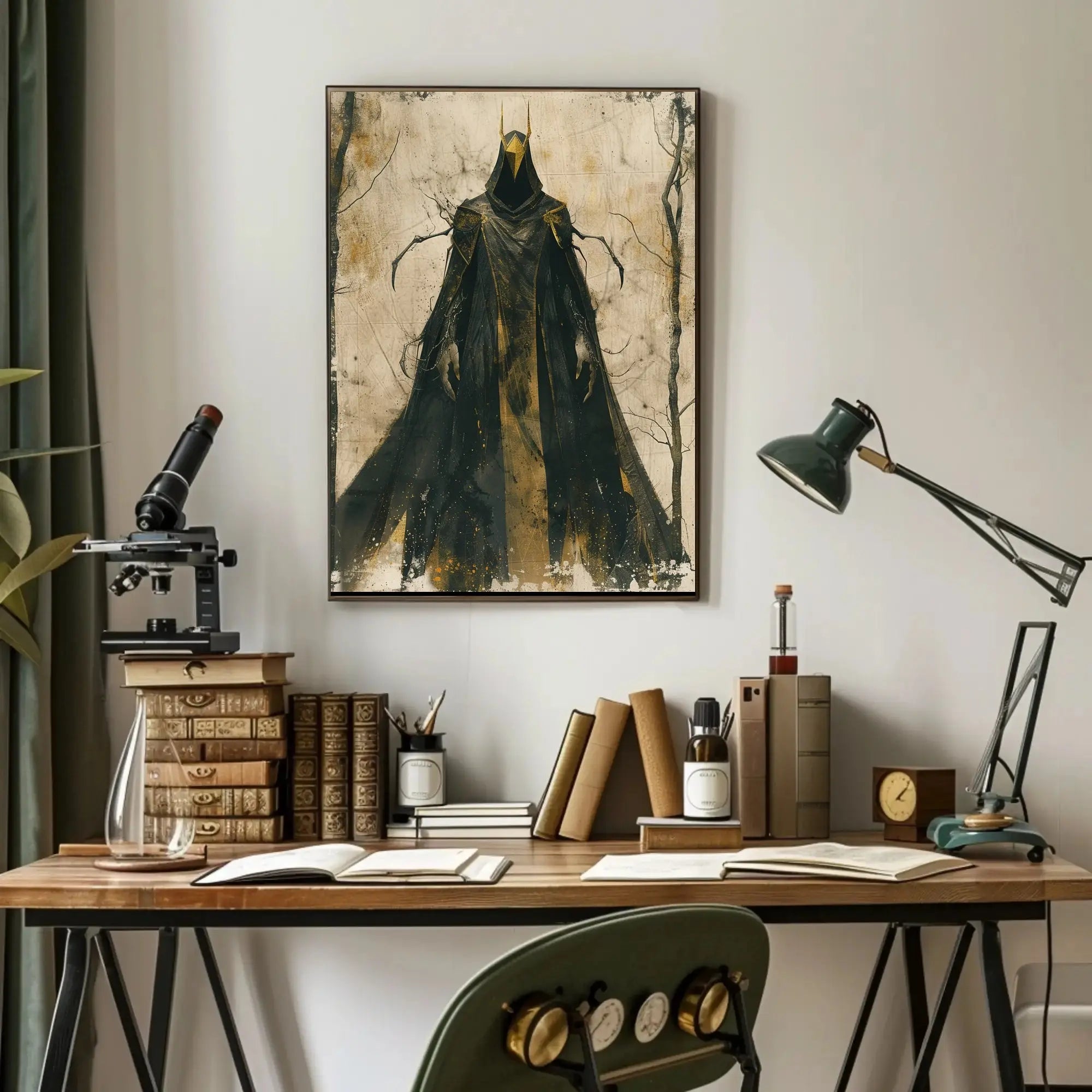 Mysterious Hooded Figure Dark Fantasy Artistic Poster PosterGoat
