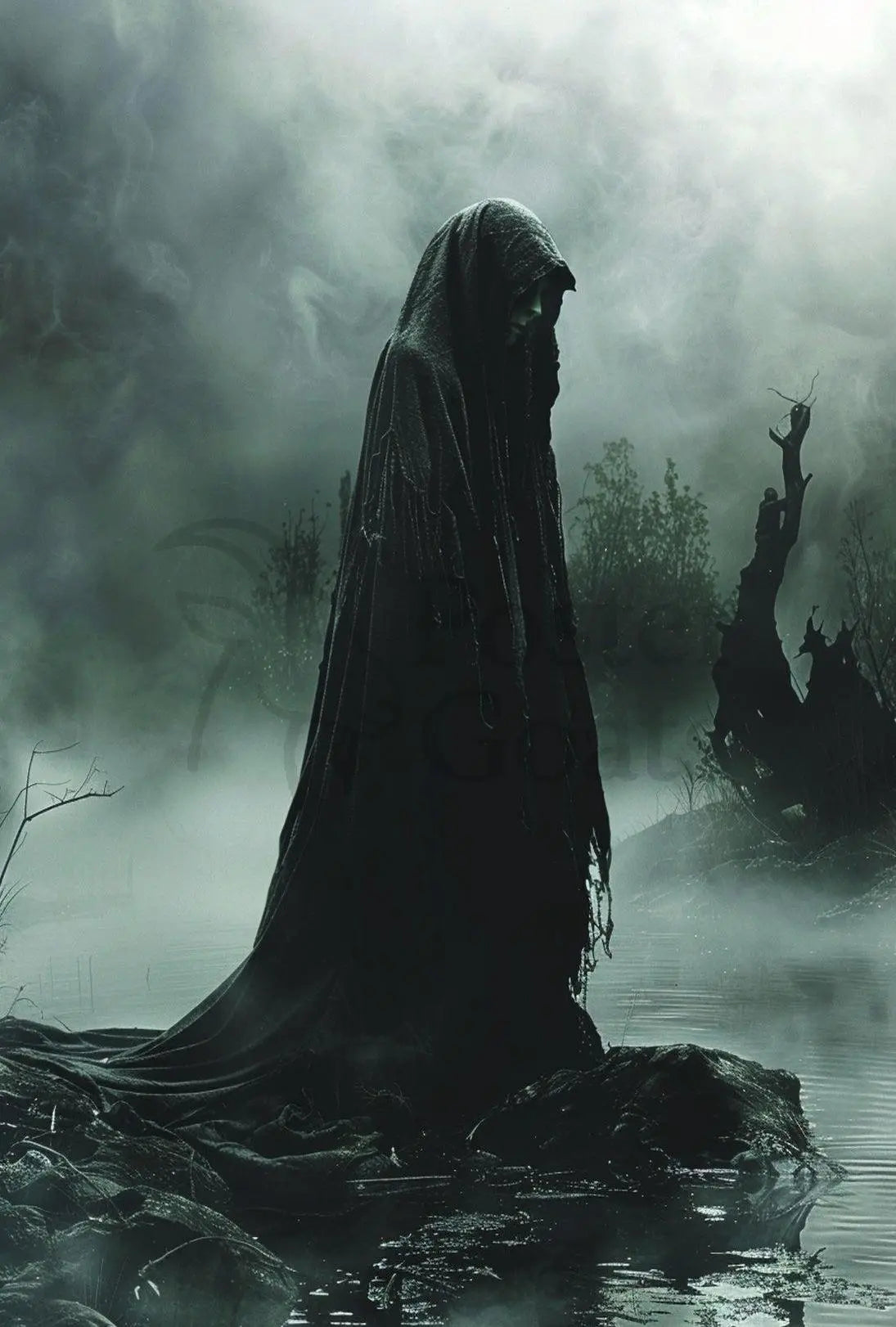 Mysterious Hooded Figure in Dark Swamp Artistic Poster PosterGoat