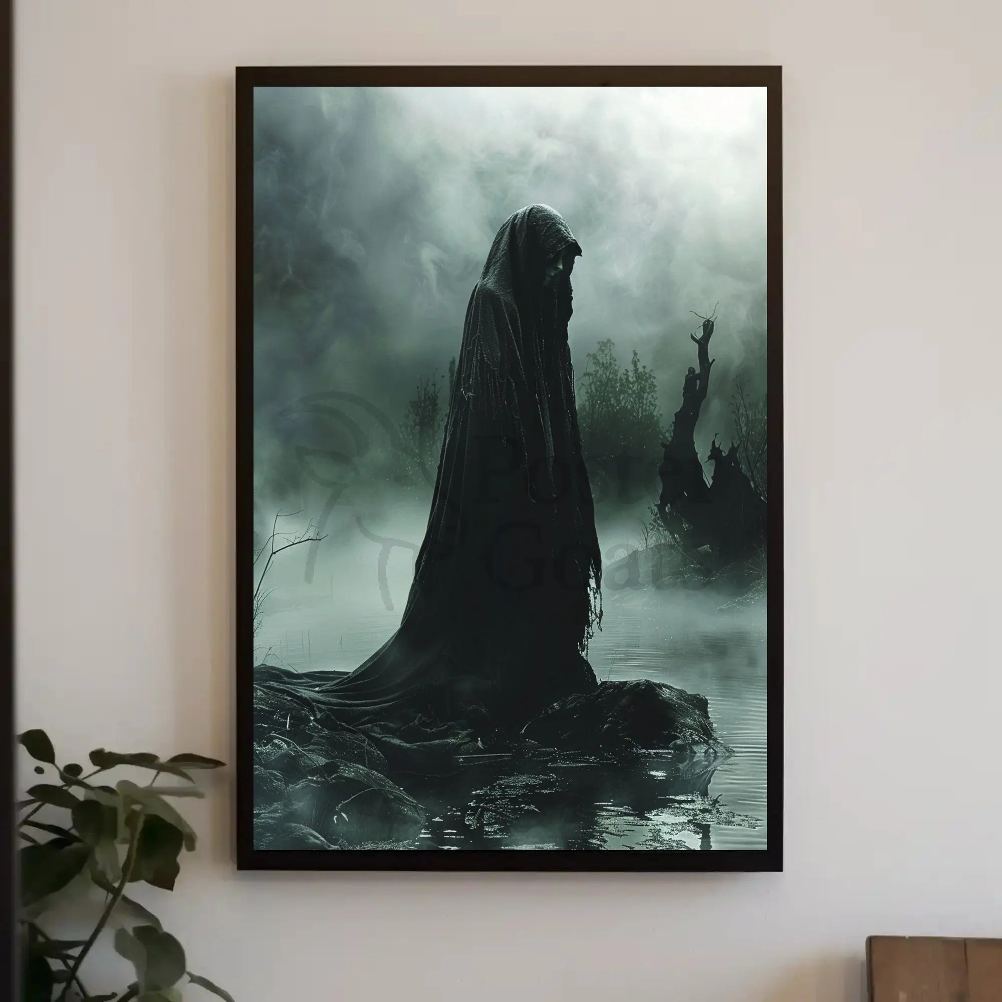 Mysterious Hooded Figure in Dark Swamp Artistic Poster PosterGoat