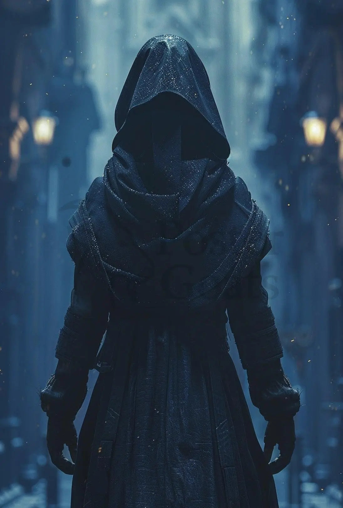 Mysterious Hooded Figure in Gothic Alley Artistic Poster PosterGoat
