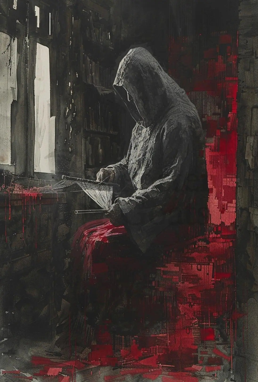 Mysterious Hooded Figure in Somber Study Artistic Poster PosterGoat