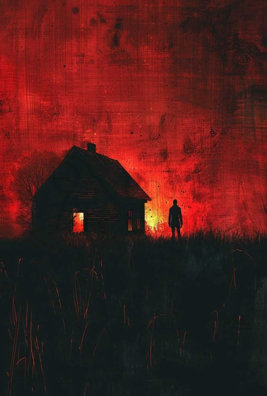 Mysterious Silhouette in Fiery Scene Artistic Poster PosterGoat