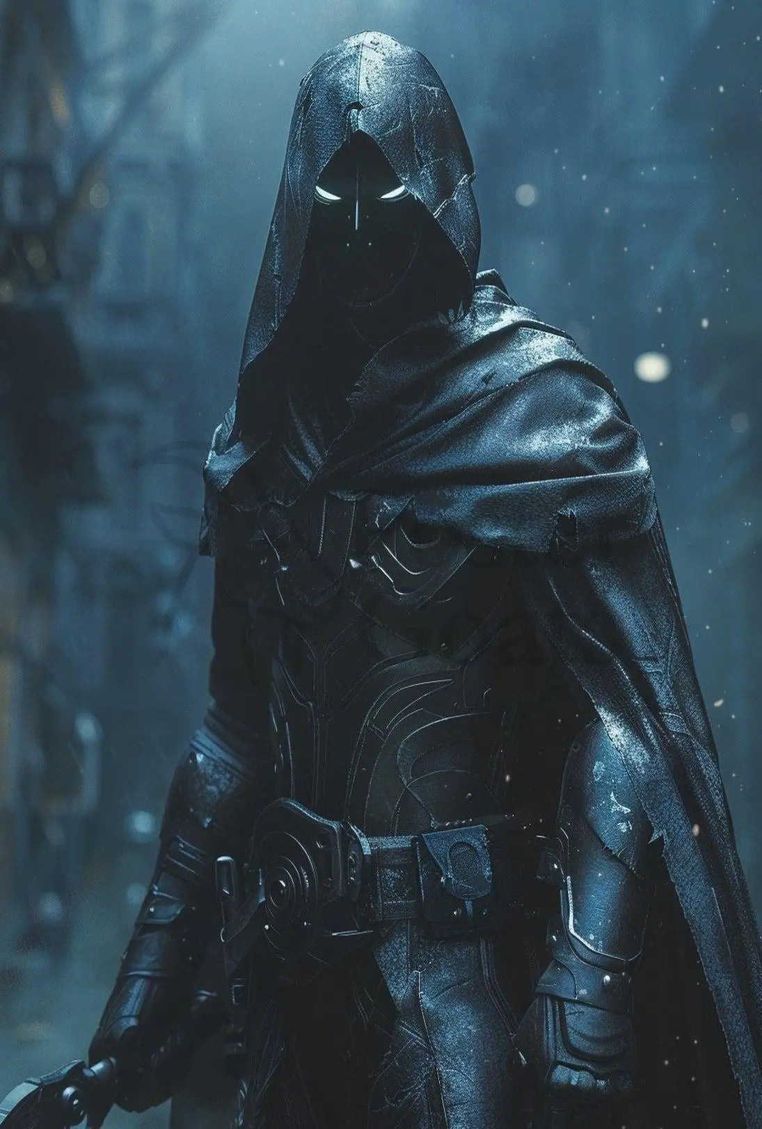 Mysterious Vigilante in Cyberpunk Cityscape Futuristic Sci-Fi Poster PosterGoat