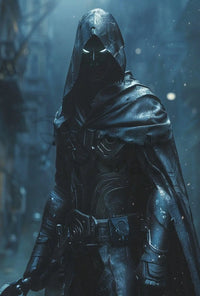 Mysterious Vigilante in Cyberpunk Cityscape Futuristic Sci-Fi Poster PosterGoat