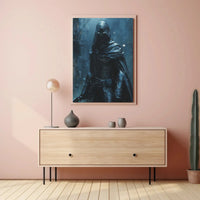 Mysterious Vigilante in Cyberpunk Cityscape Futuristic Sci-Fi Poster PosterGoat