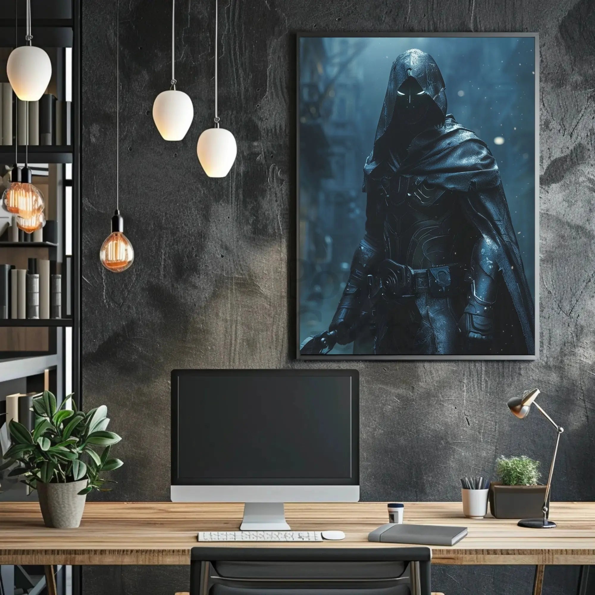 Mysterious Vigilante in Cyberpunk Cityscape Futuristic Sci-Fi Poster PosterGoat