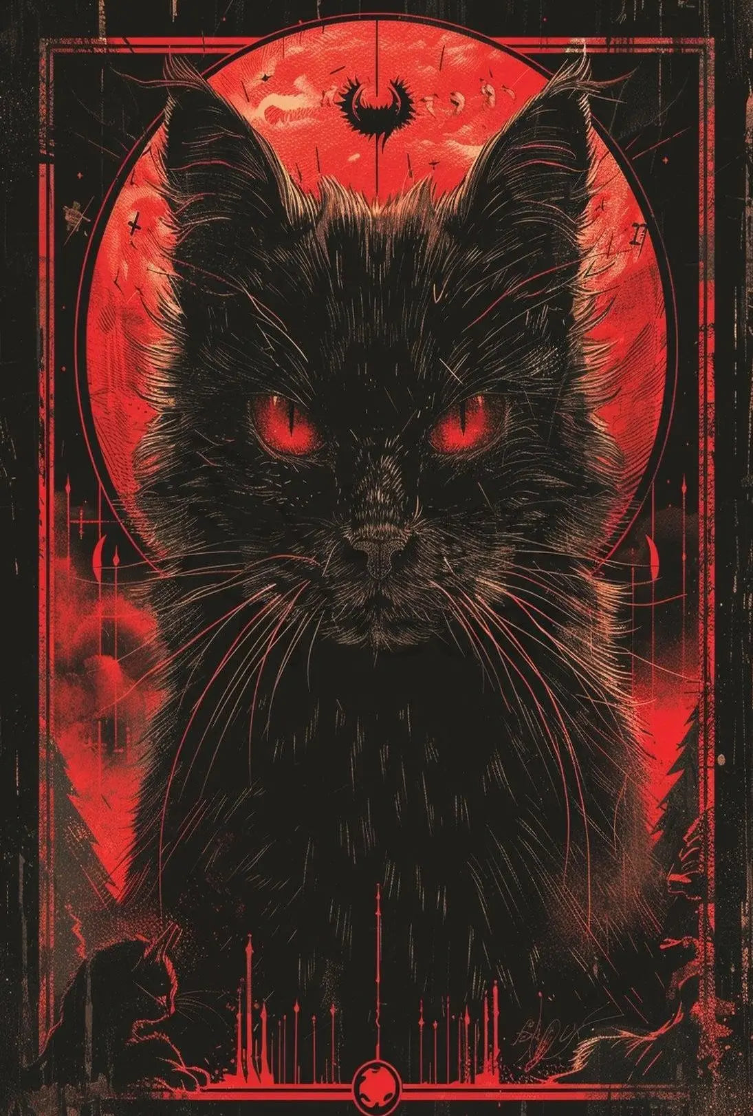 Mystical Black Cat with Red Moon - Artistic Poster PosterGoat
