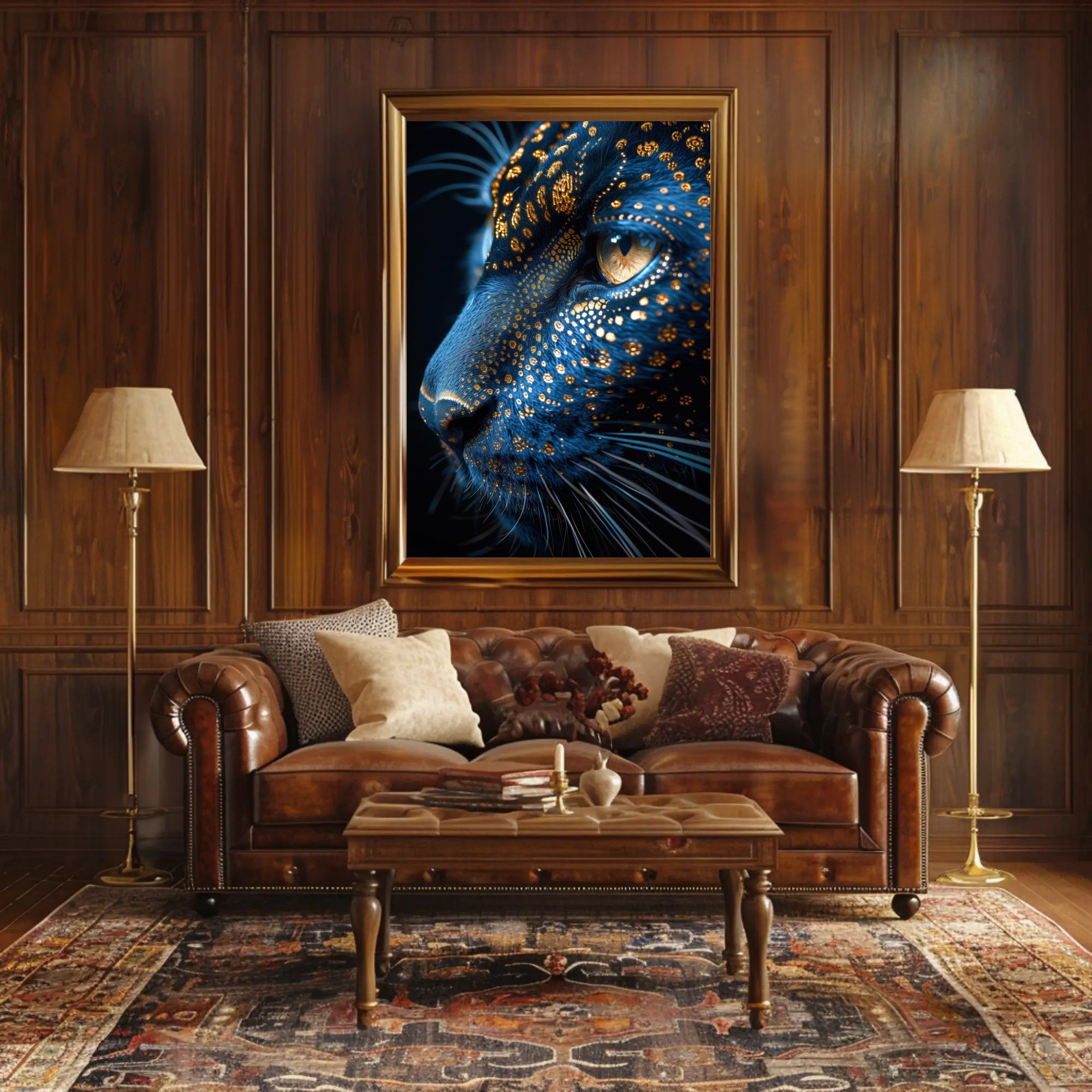 Mystical Blue Cat with Golden Patterns Animal Poster PosterGoat
