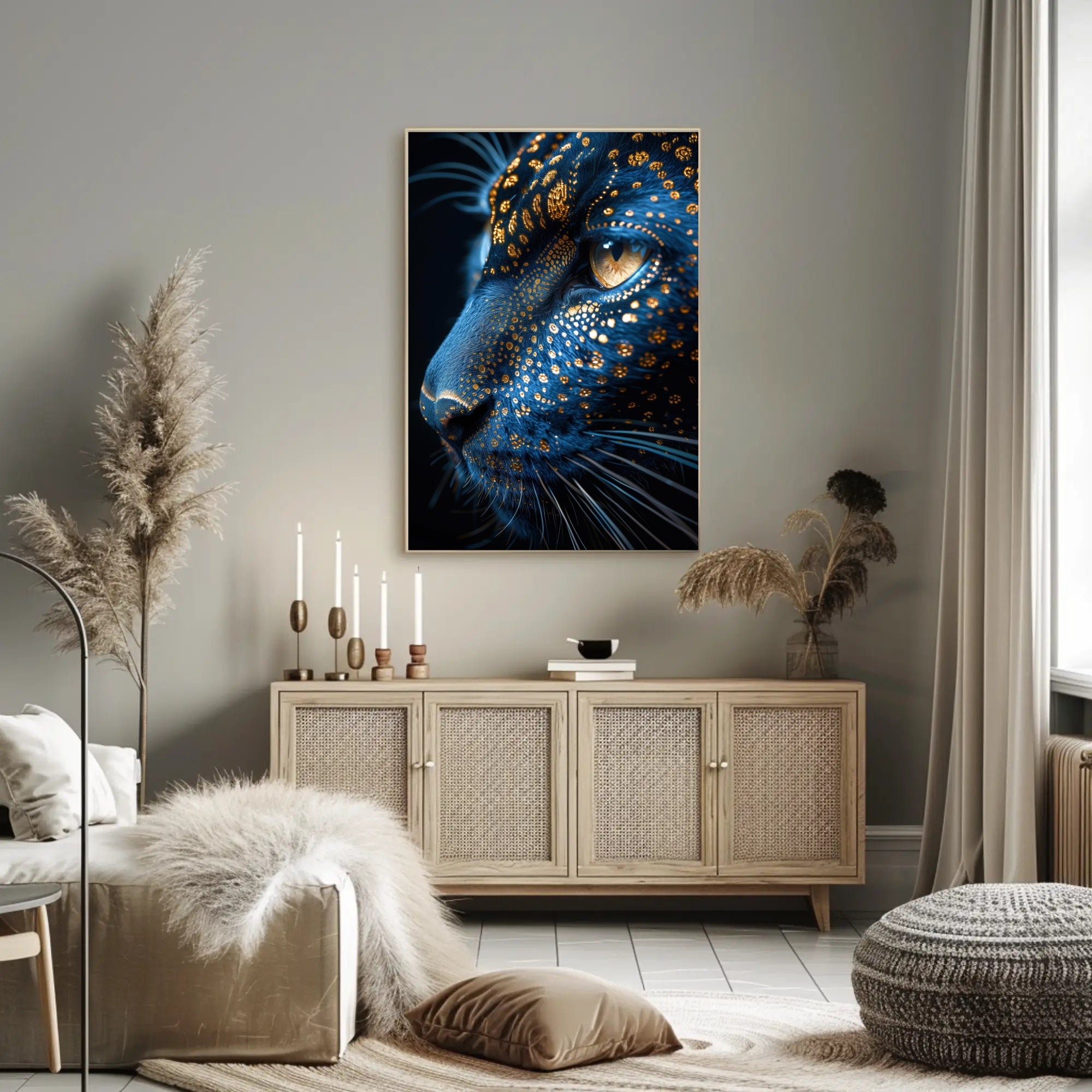 Mystical Blue Cat with Golden Patterns Animal Poster PosterGoat
