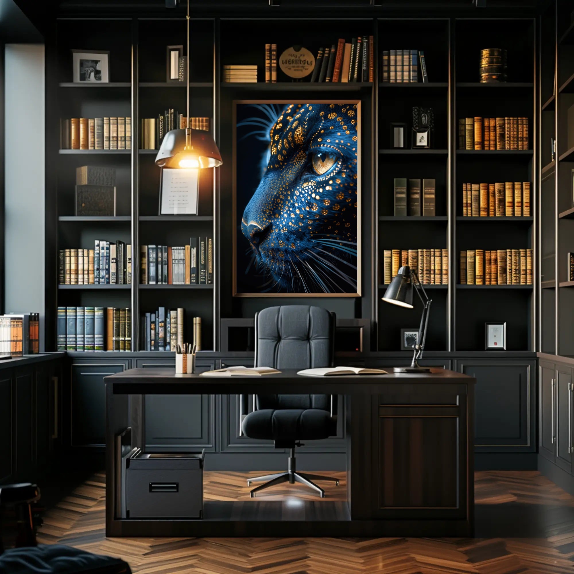 Mystical Blue Cat with Golden Patterns Animal Poster PosterGoat