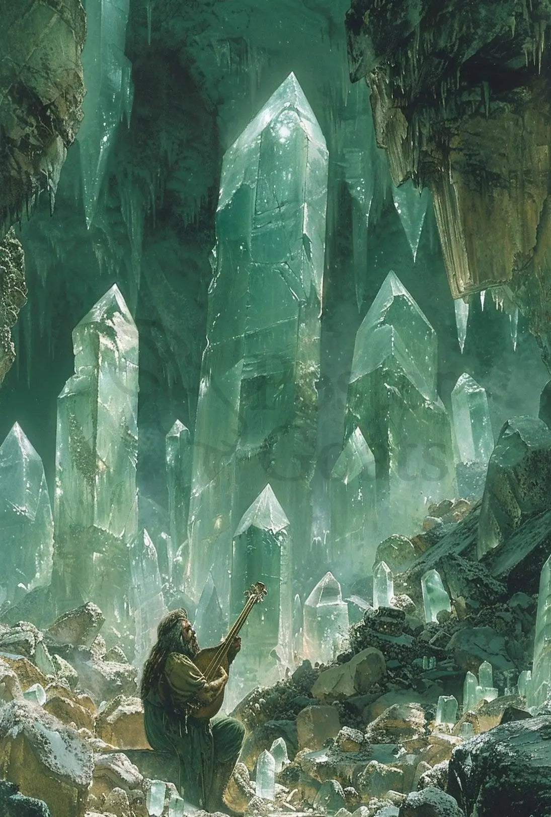 Mystical Crystalline Cavern Lute Player Artistic Fantasy Poster PosterGoat
