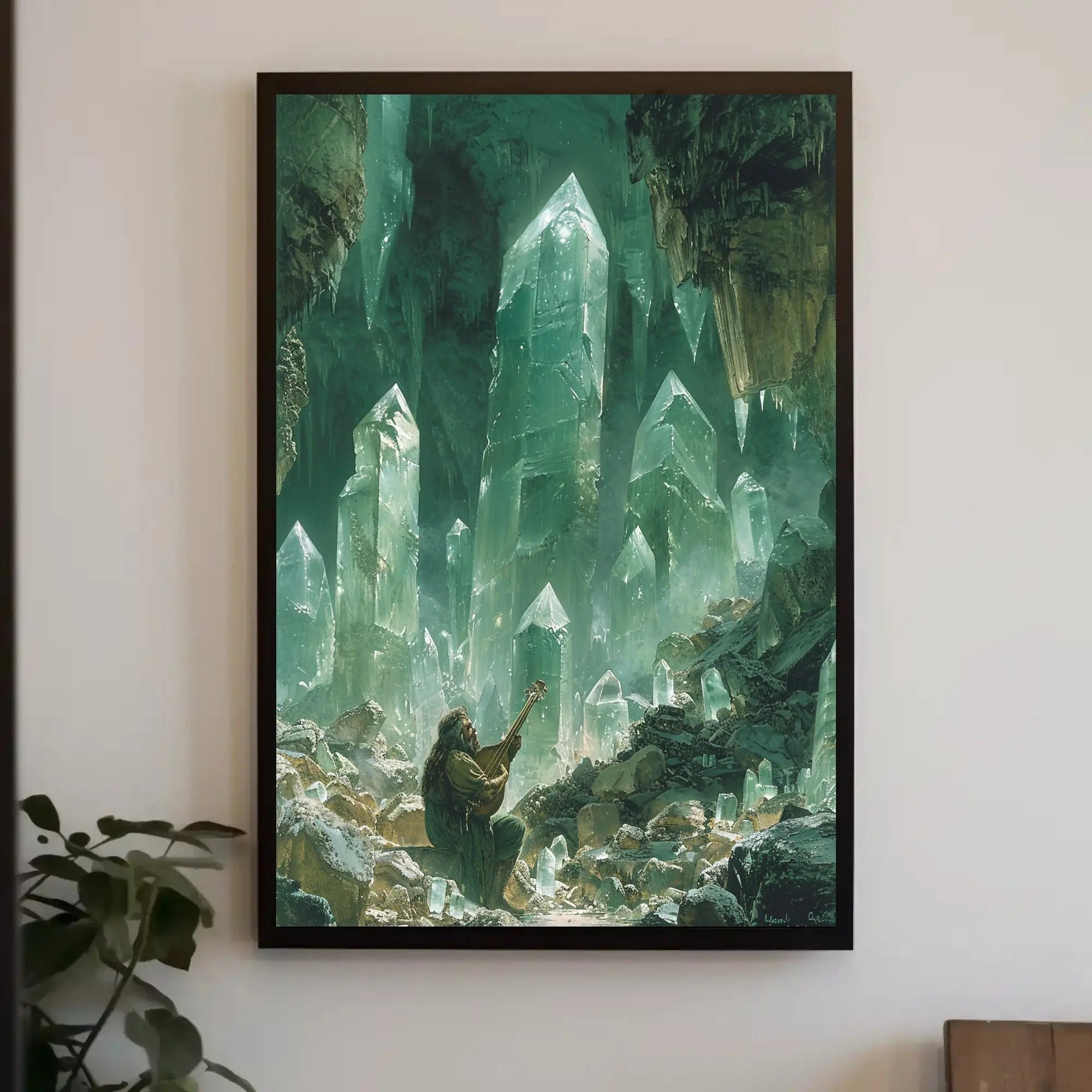 Mystical Crystalline Cavern Lute Player Artistic Fantasy Poster PosterGoat