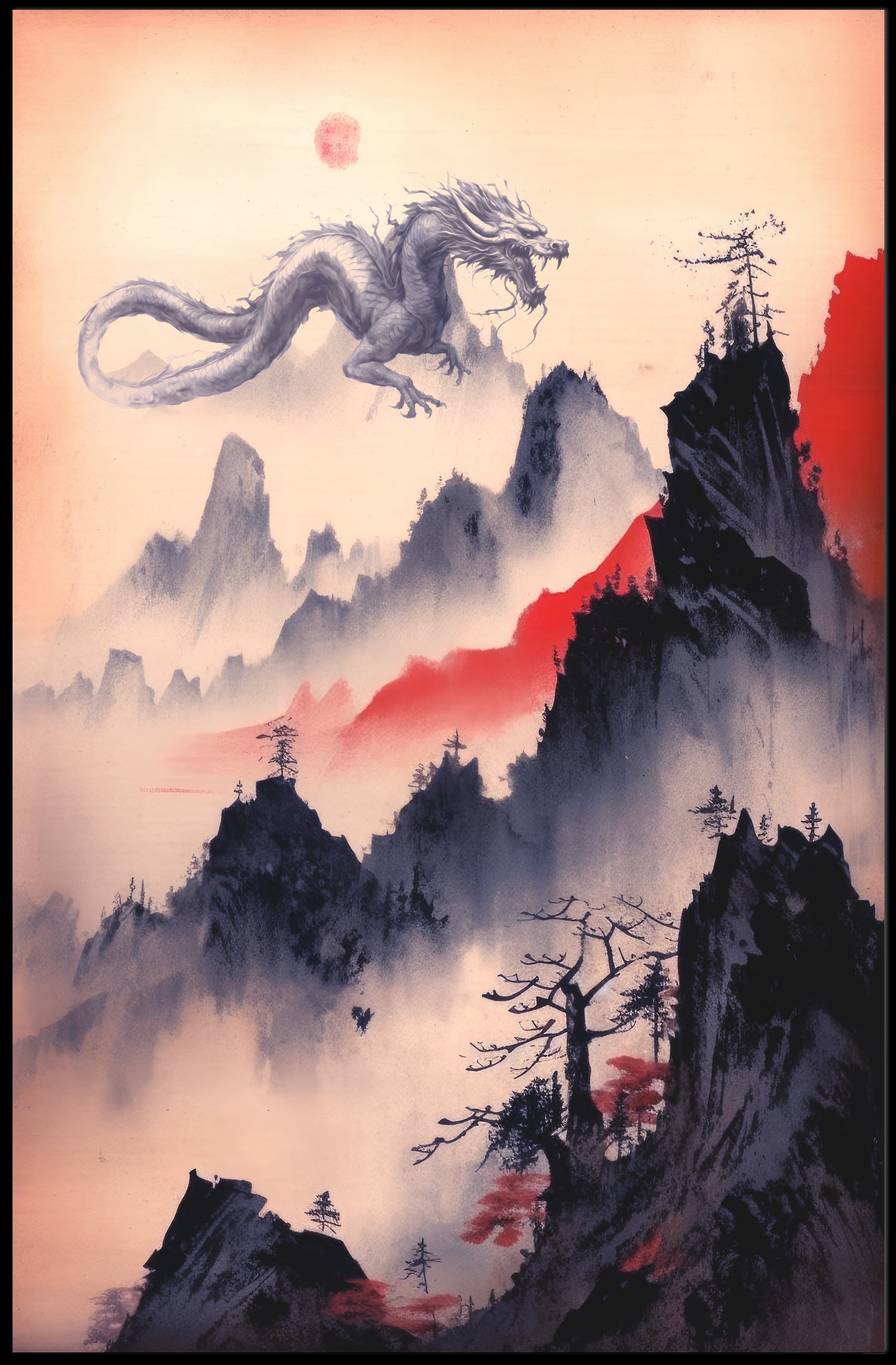 Mystical Dragon in East Asian Landscape Fantasy or Mythology Poster PosterGoat
