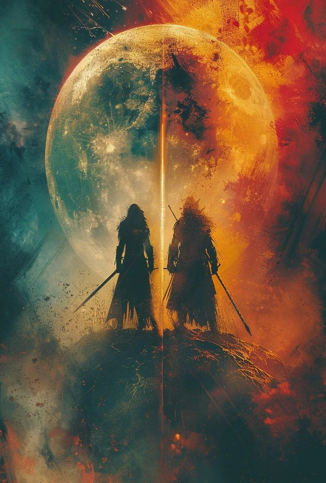 Mystical Duel Under Glowing Orb Abstract, Artistic Poster PosterGoat