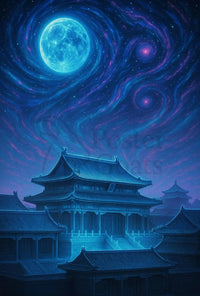 Mystical East Asian Temple Night Sky Heritage Poster PosterGoat