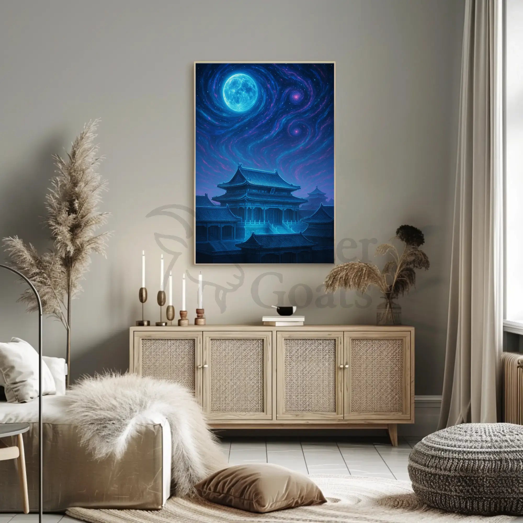 Mystical East Asian Temple Night Sky Heritage Poster PosterGoat
