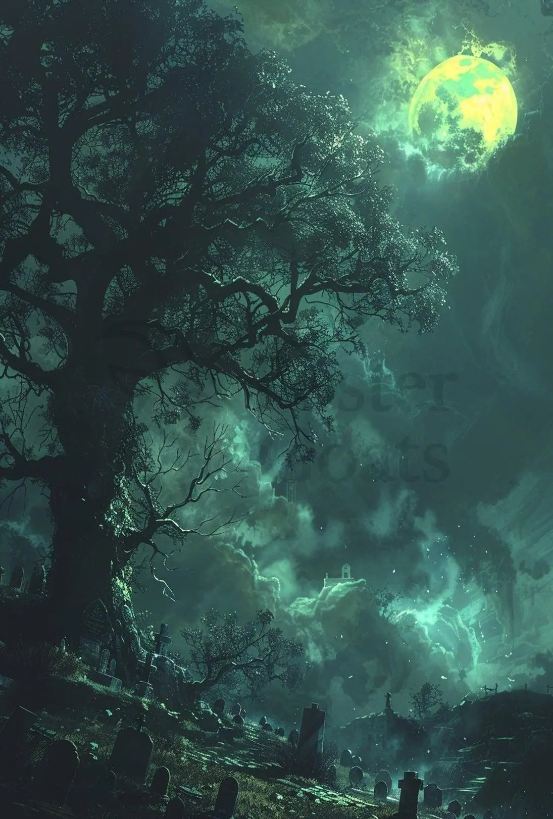 Mystical Graveyard Scene with Full Moon - Artistic Poster PosterGoat