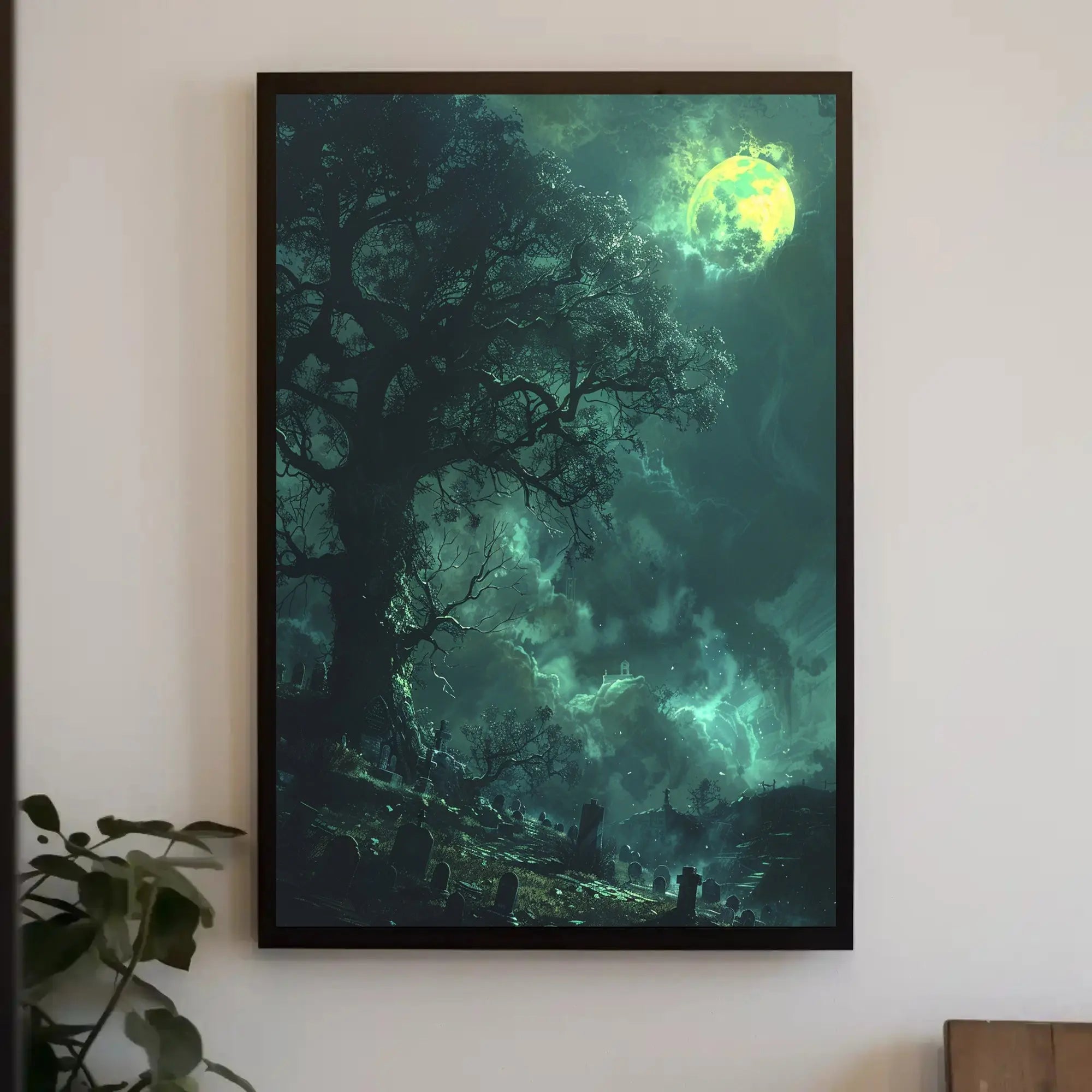 Mystical Graveyard Scene with Full Moon - Artistic Poster PosterGoat