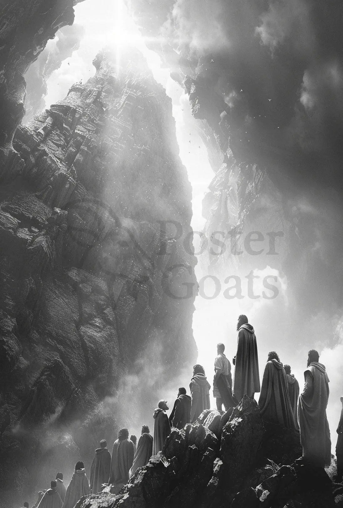 Mystical Journey Through Monochrome Mountains Artistic Poster PosterGoat