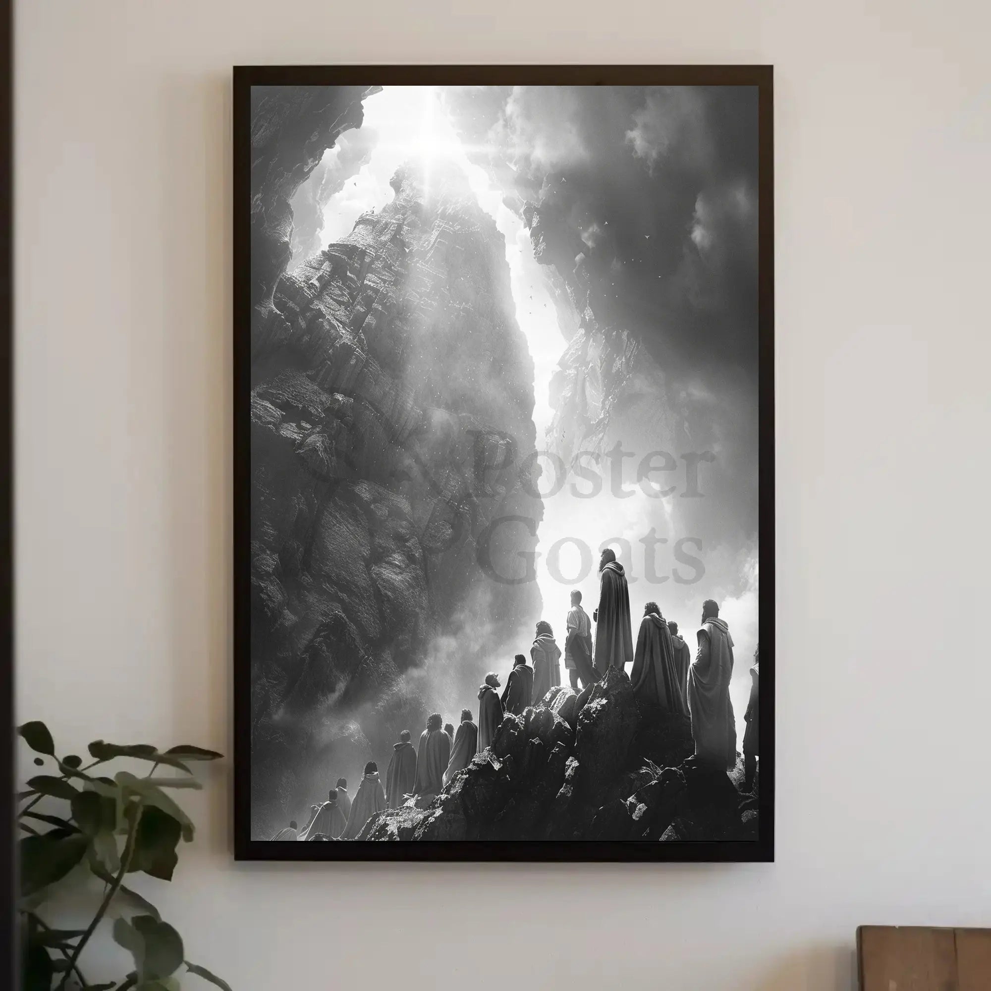 Mystical Journey Through Monochrome Mountains Artistic Poster PosterGoat