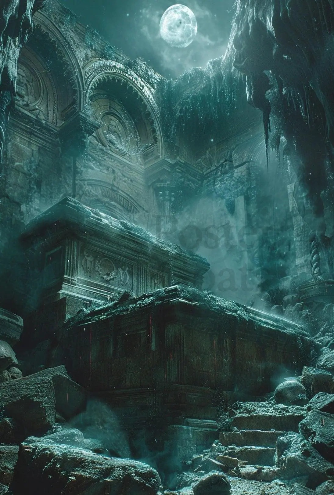 Mystical Moonlit Ruins Artistic Poster PosterGoat