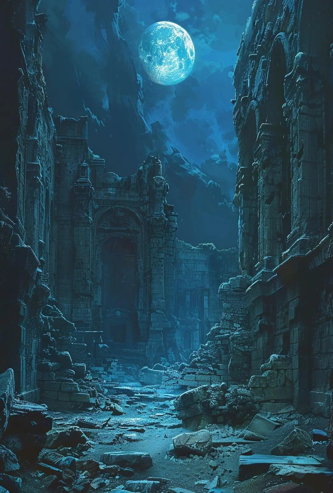Mystical Moonlit Ruins Artistic, Atmospheric Poster PosterGoat