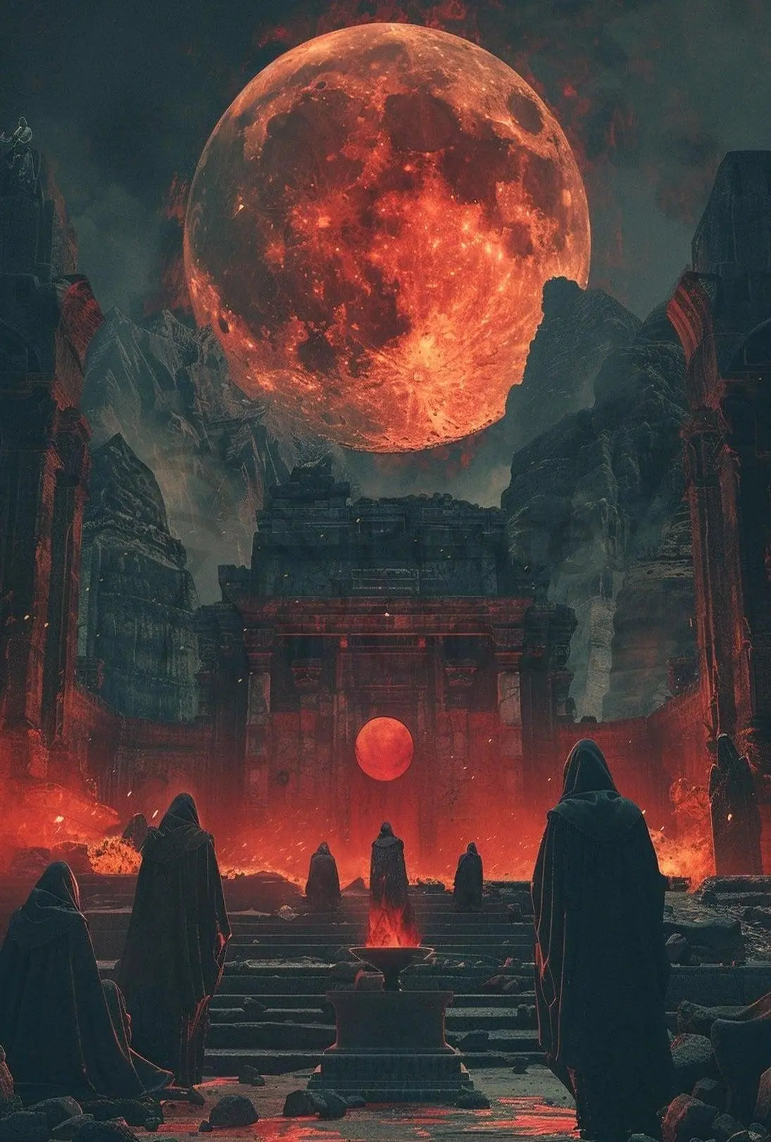 Mystical Ritual Under Fiery Moon Fantasy Poster PosterGoat