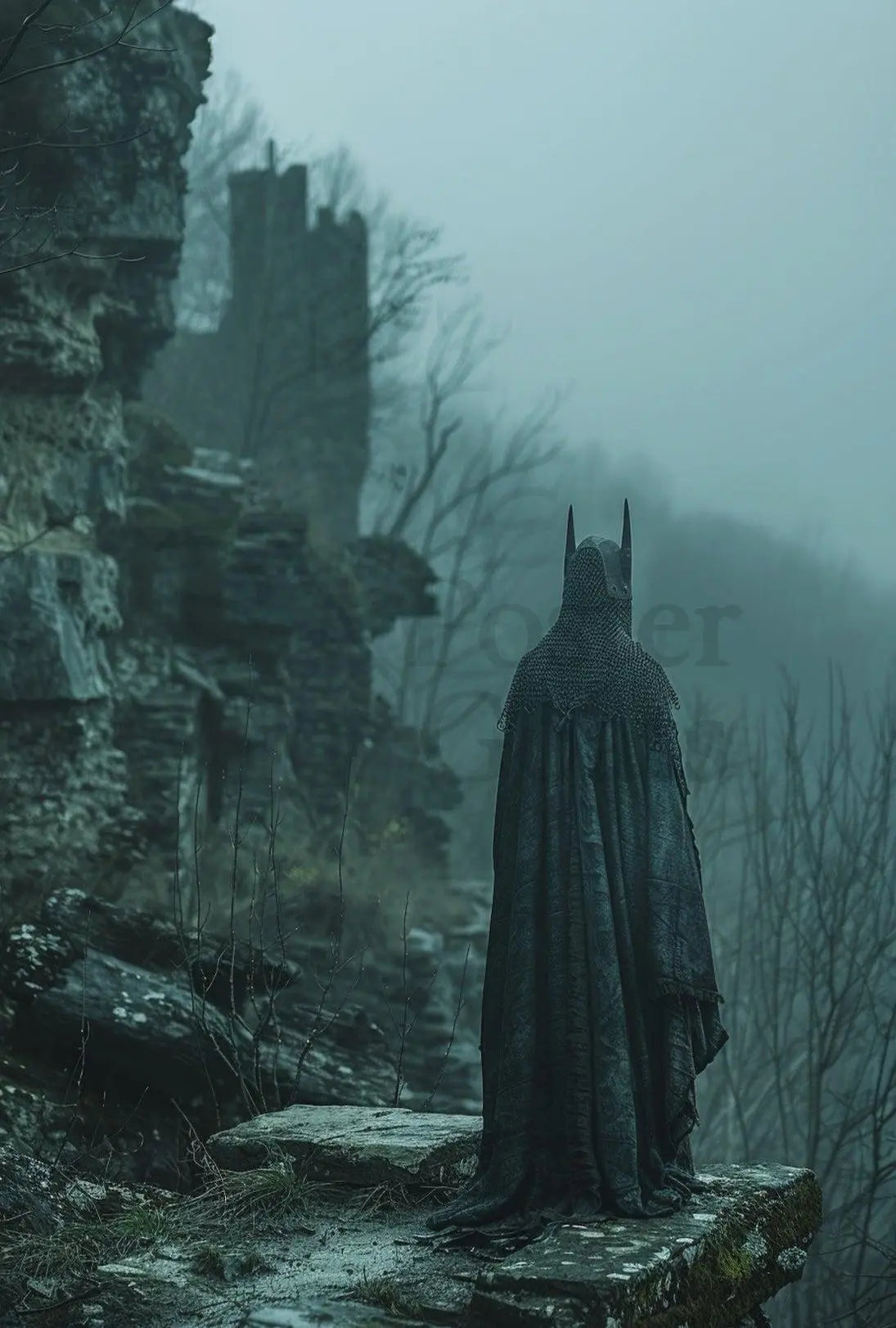 Mystical Robed Figure in Fantasy Ruins - Artistic Poster PosterGoat