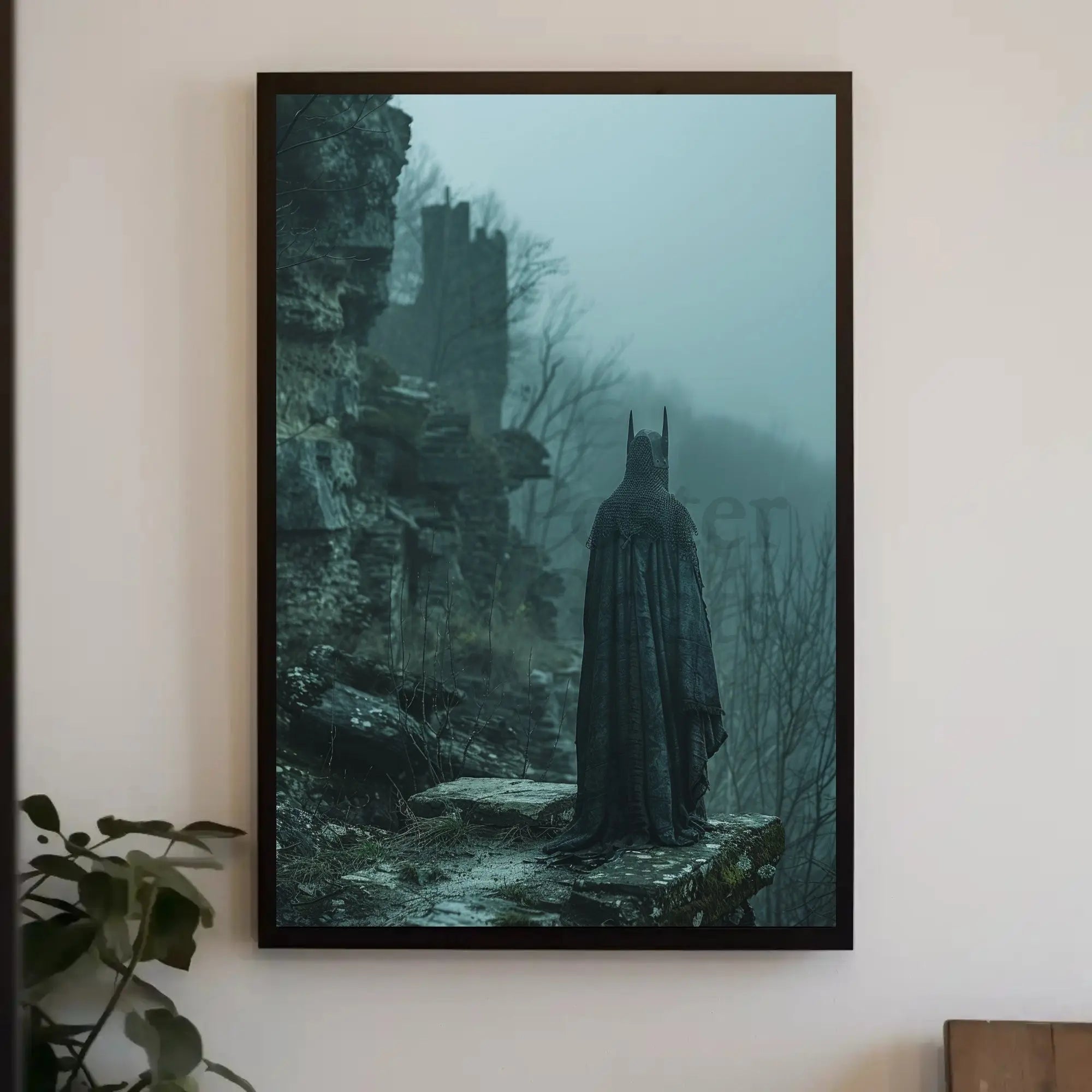 Mystical Robed Figure in Fantasy Ruins - Artistic Poster PosterGoat