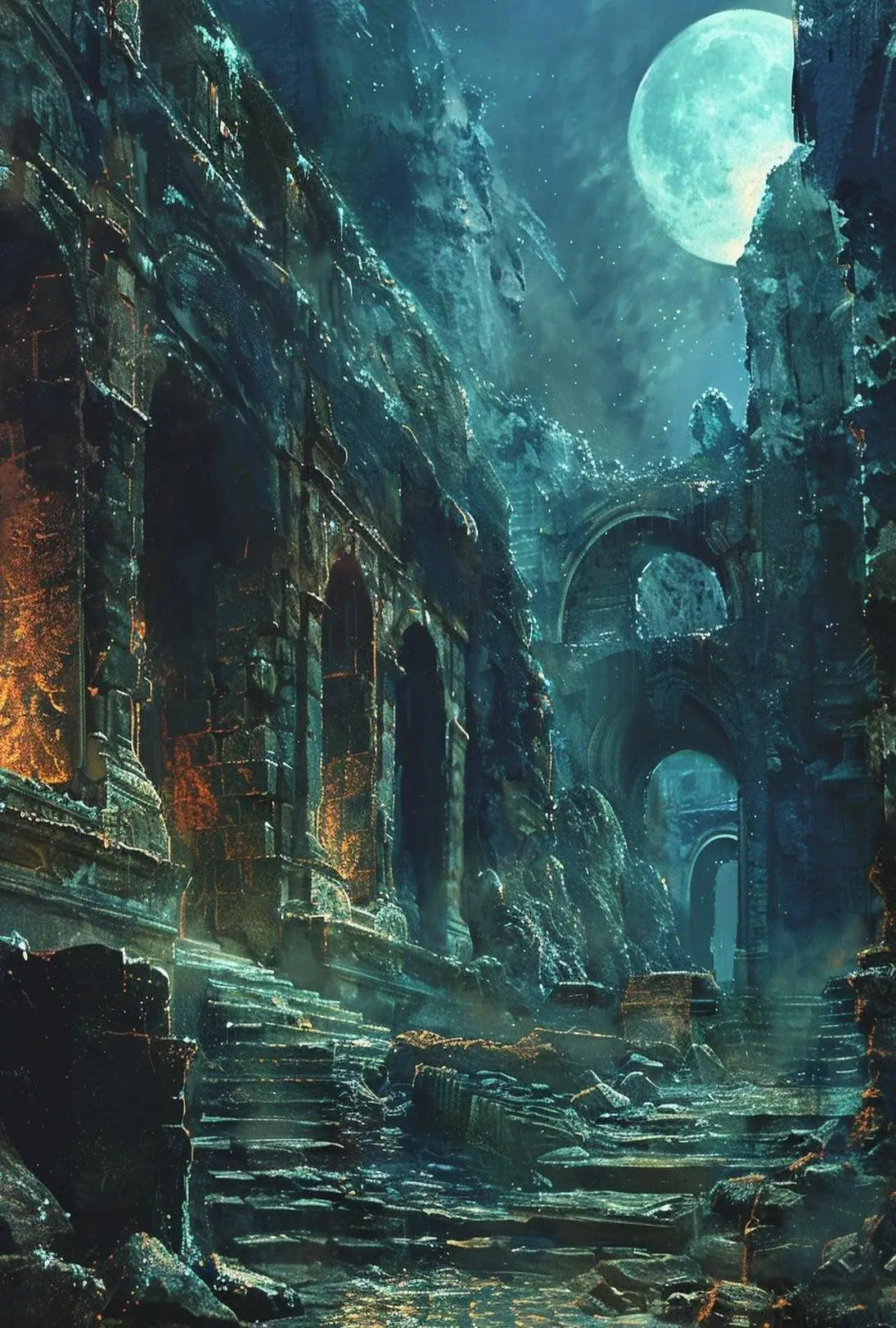 Mystical Ruins in Moonlight: Artistic Fantasy Poster PosterGoat