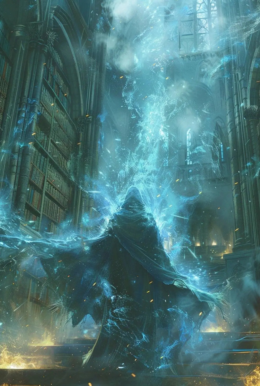 Mystical Wizard in Grand Library Fantasy Art Poster PosterGoat