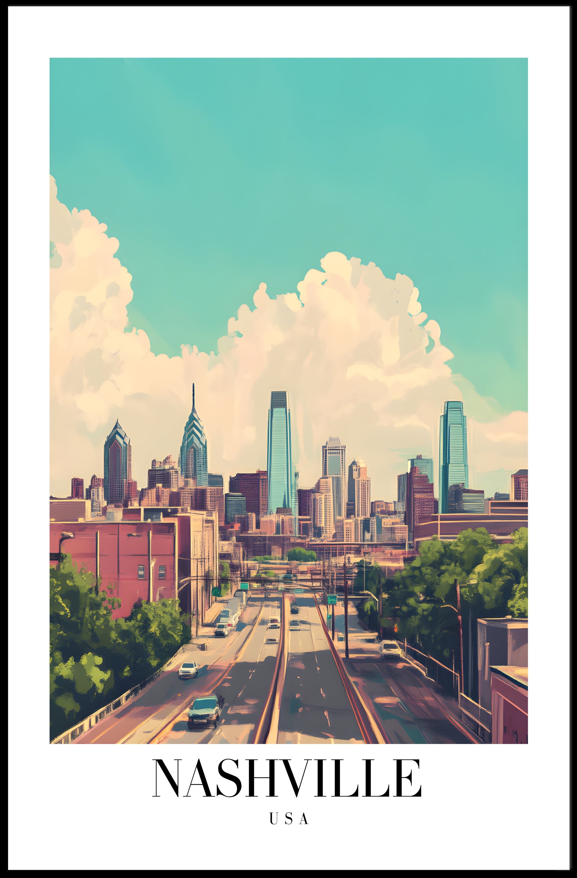 Nashville Skyline in Pastel: Urban or Cityscape Poster PosterGoat