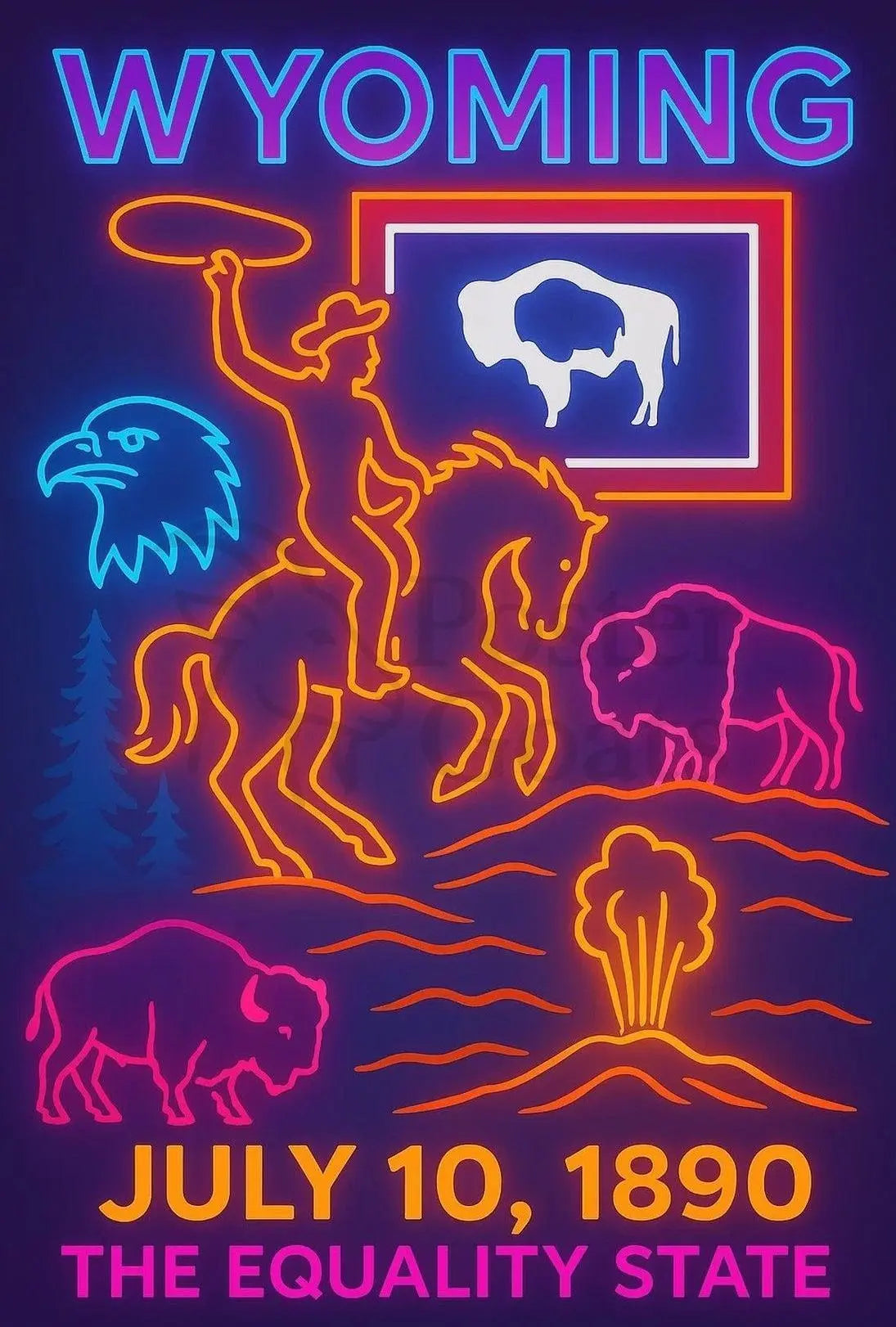 Neon Retro Wyoming Americana Poster - Cultural or Heritage Poster PosterGoat