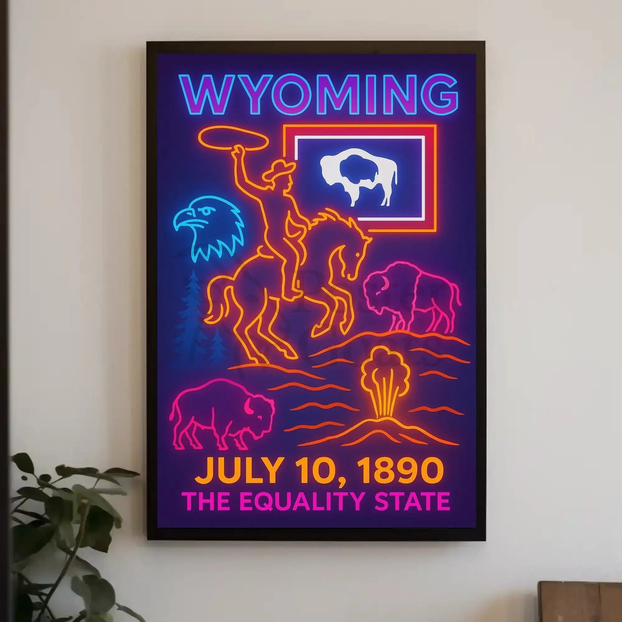 Neon Retro Wyoming Americana Poster - Cultural or Heritage Poster PosterGoat