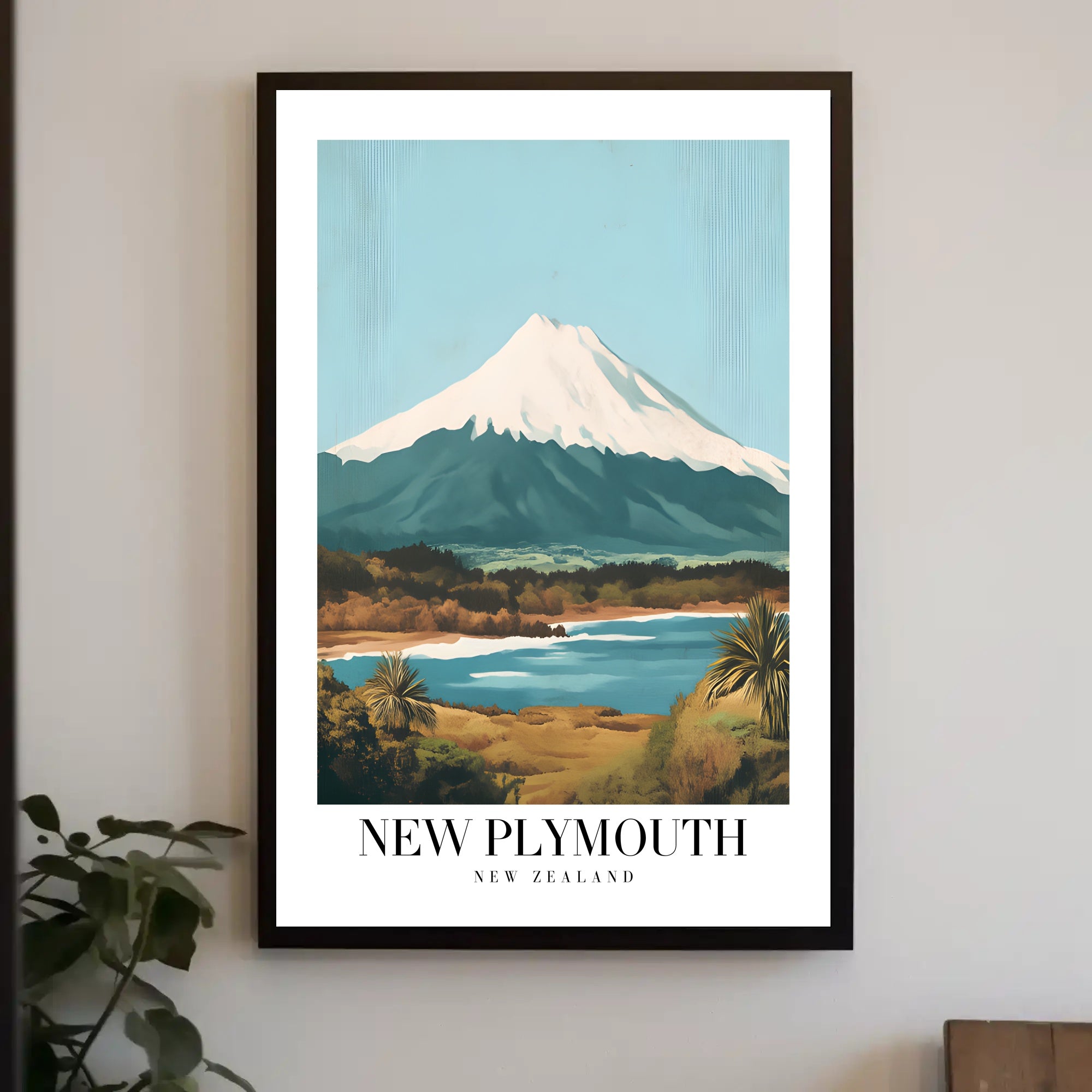 New Plymouth Vintage Travel Landscape Poster PosterGoat