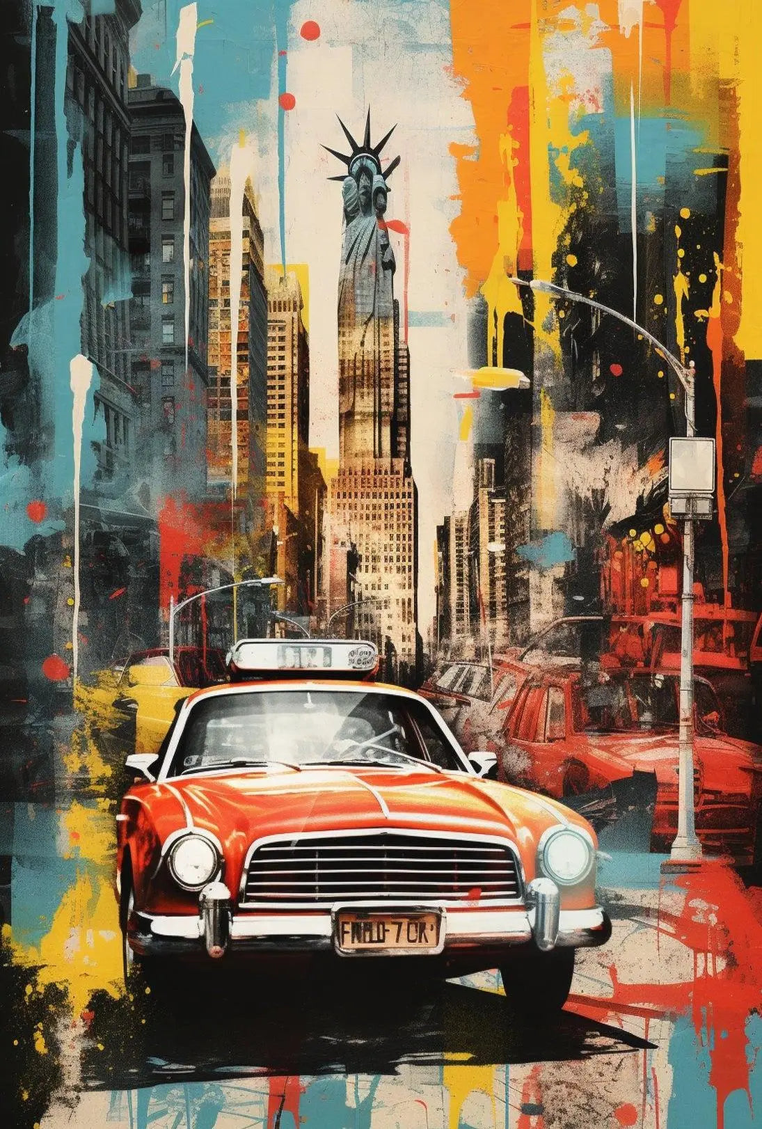 New York City Red Car Graffiti Art Travel Poster PosterGoat