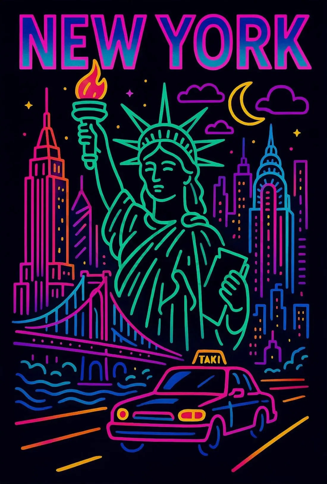 New York Neon Skyline Travel Poster PosterGoat
