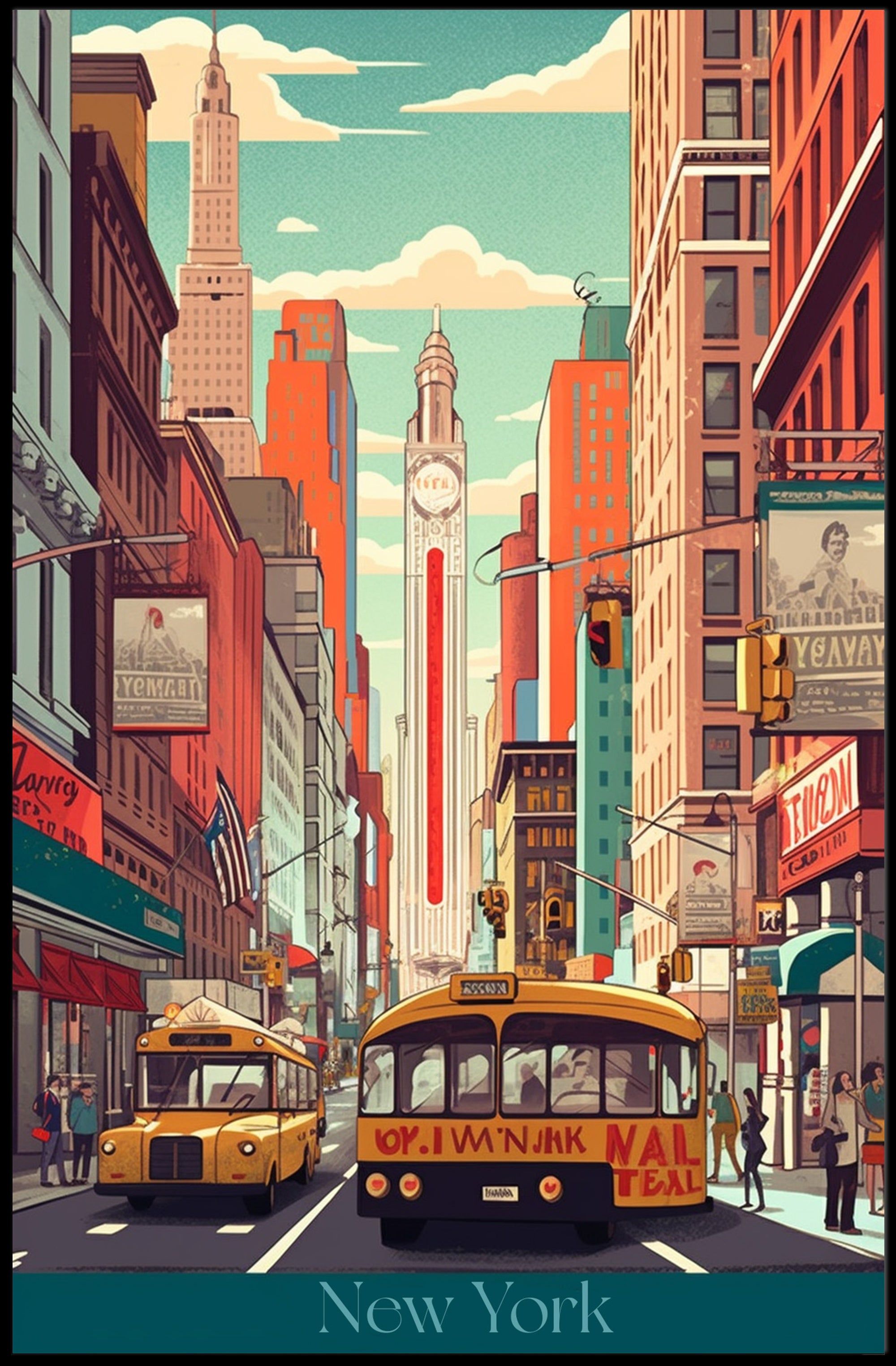 New York Street Scene Retro Urban Cityscape Poster PosterGoat