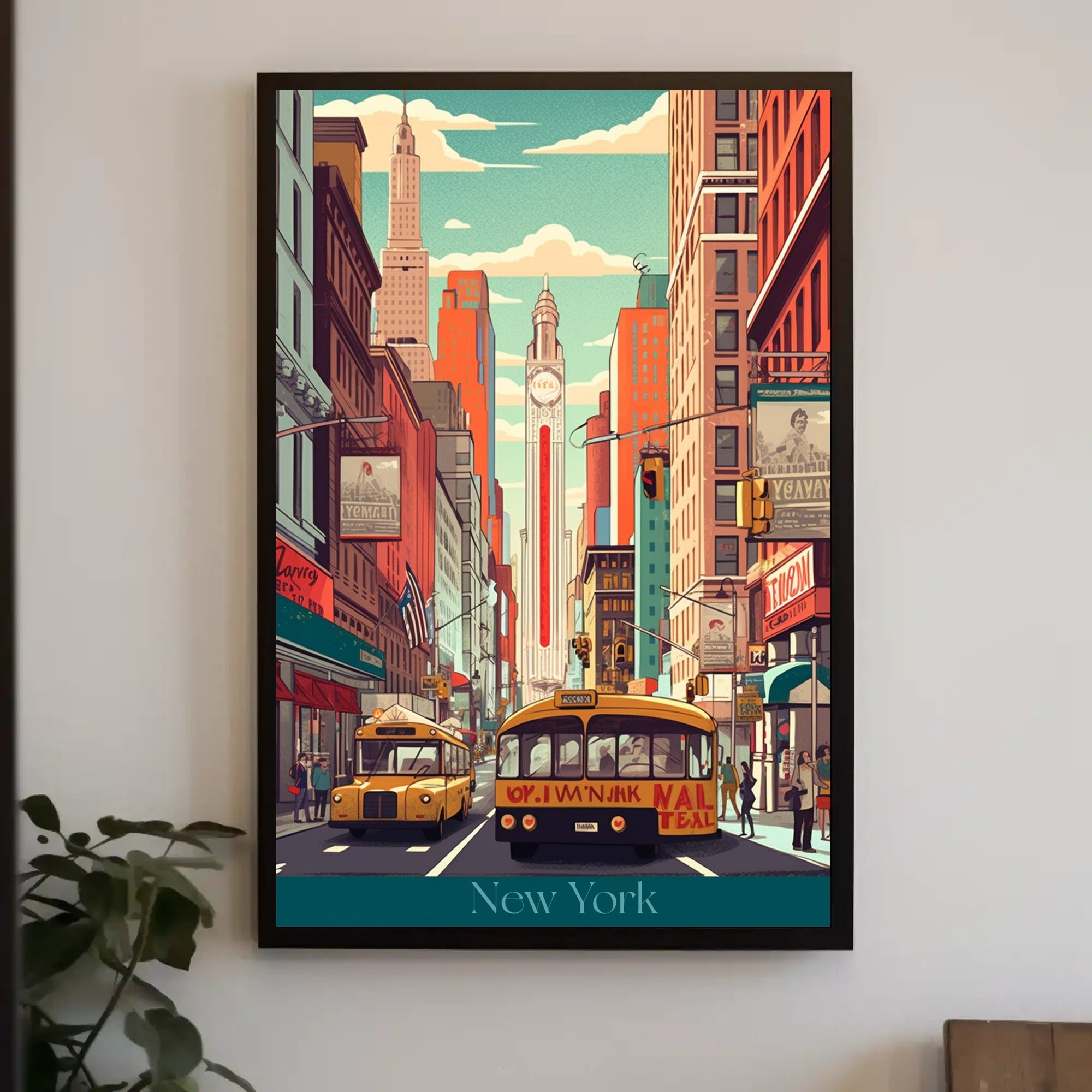 New York Street Scene Retro Urban Cityscape Poster PosterGoat