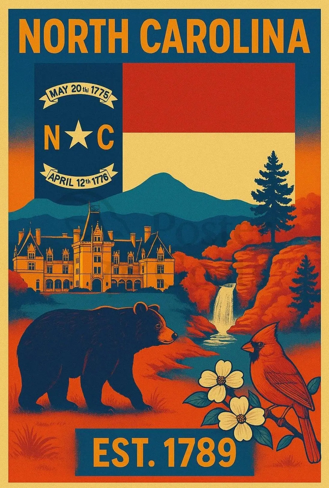 North Carolina Vintage Design Cultural Heritage Poster PosterGoat