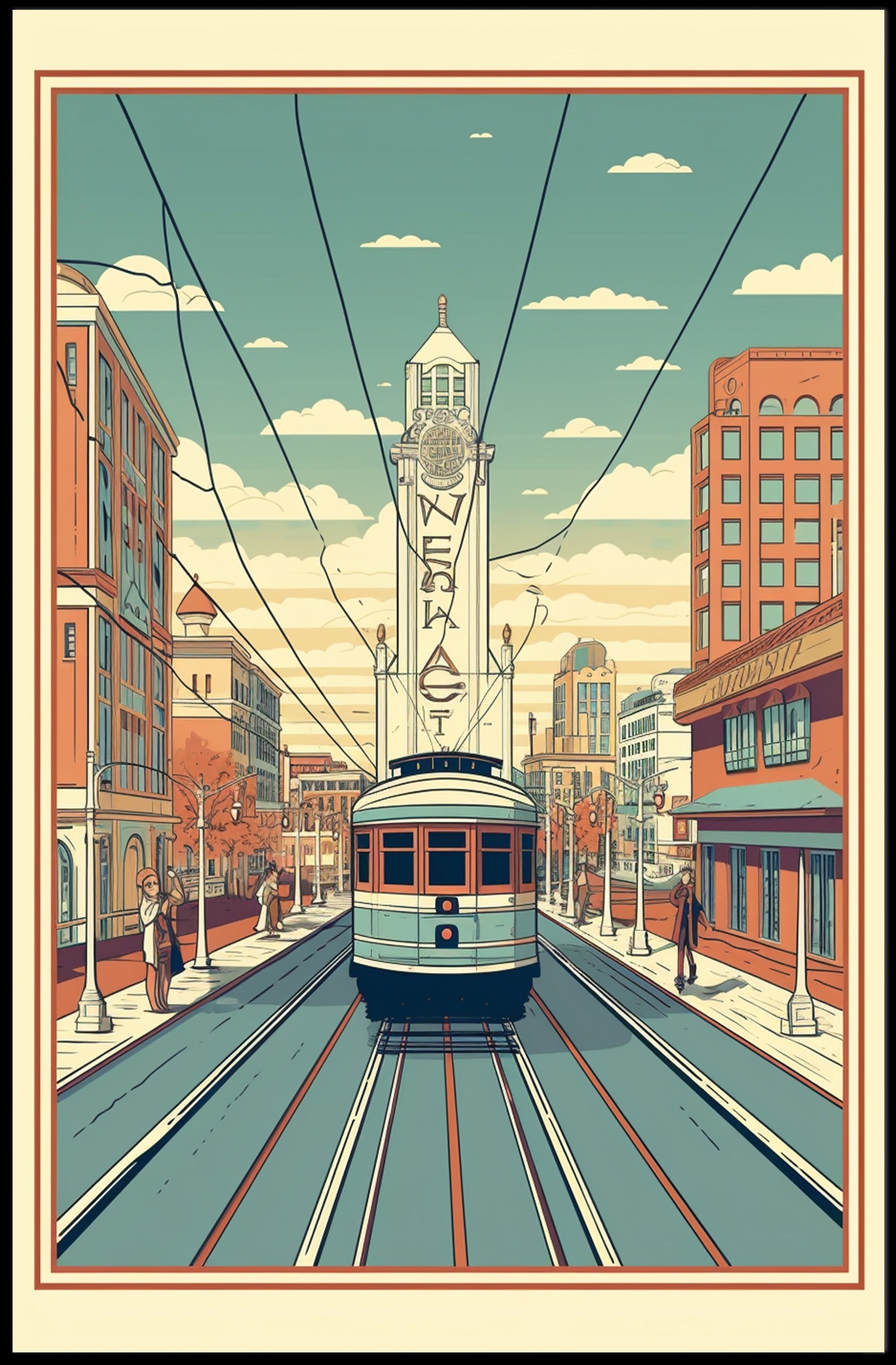 Nostalgic Streetcar Journey Through Retro Urban Cityscape Poster PosterGoat