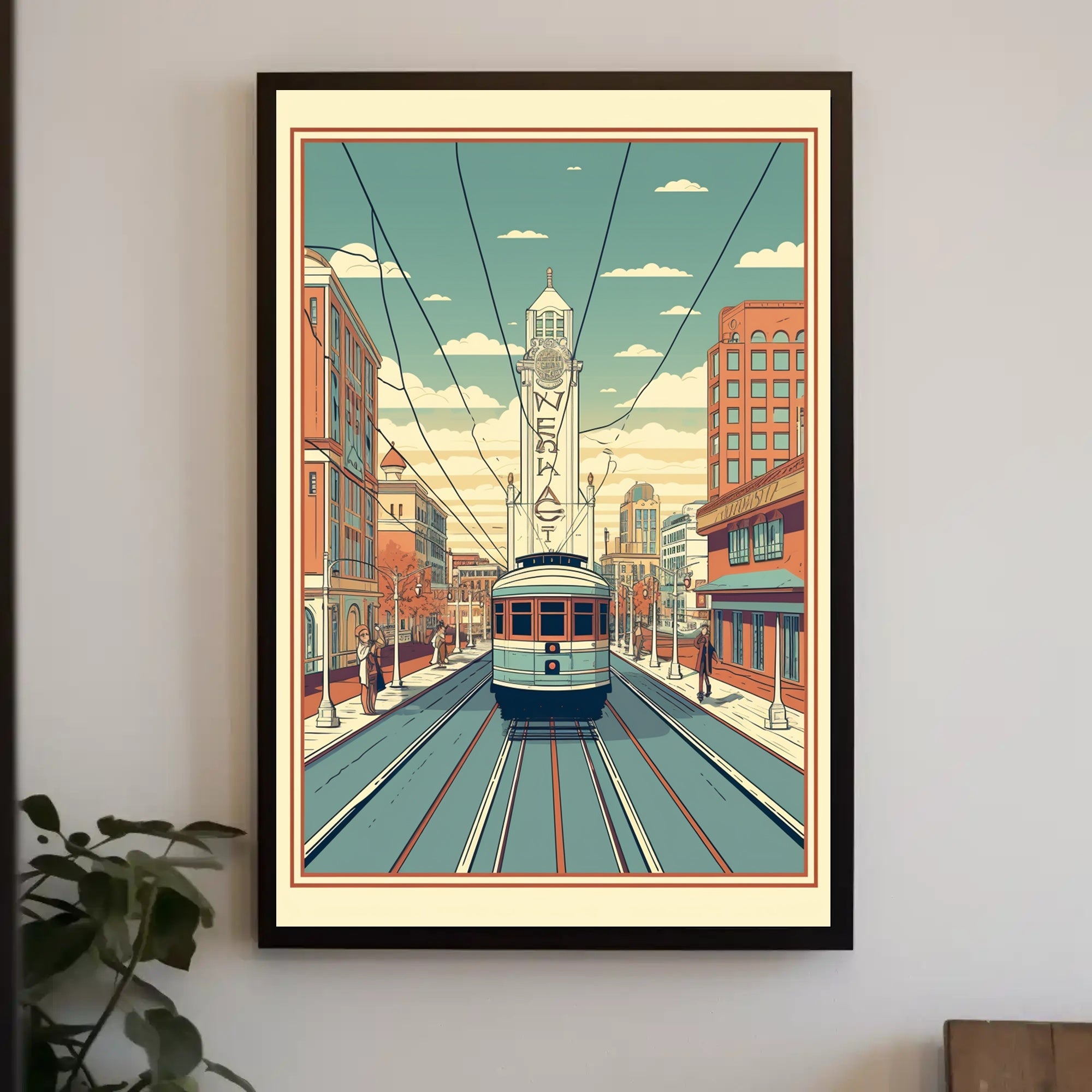 Nostalgic Streetcar Journey Through Retro Urban Cityscape Poster PosterGoat