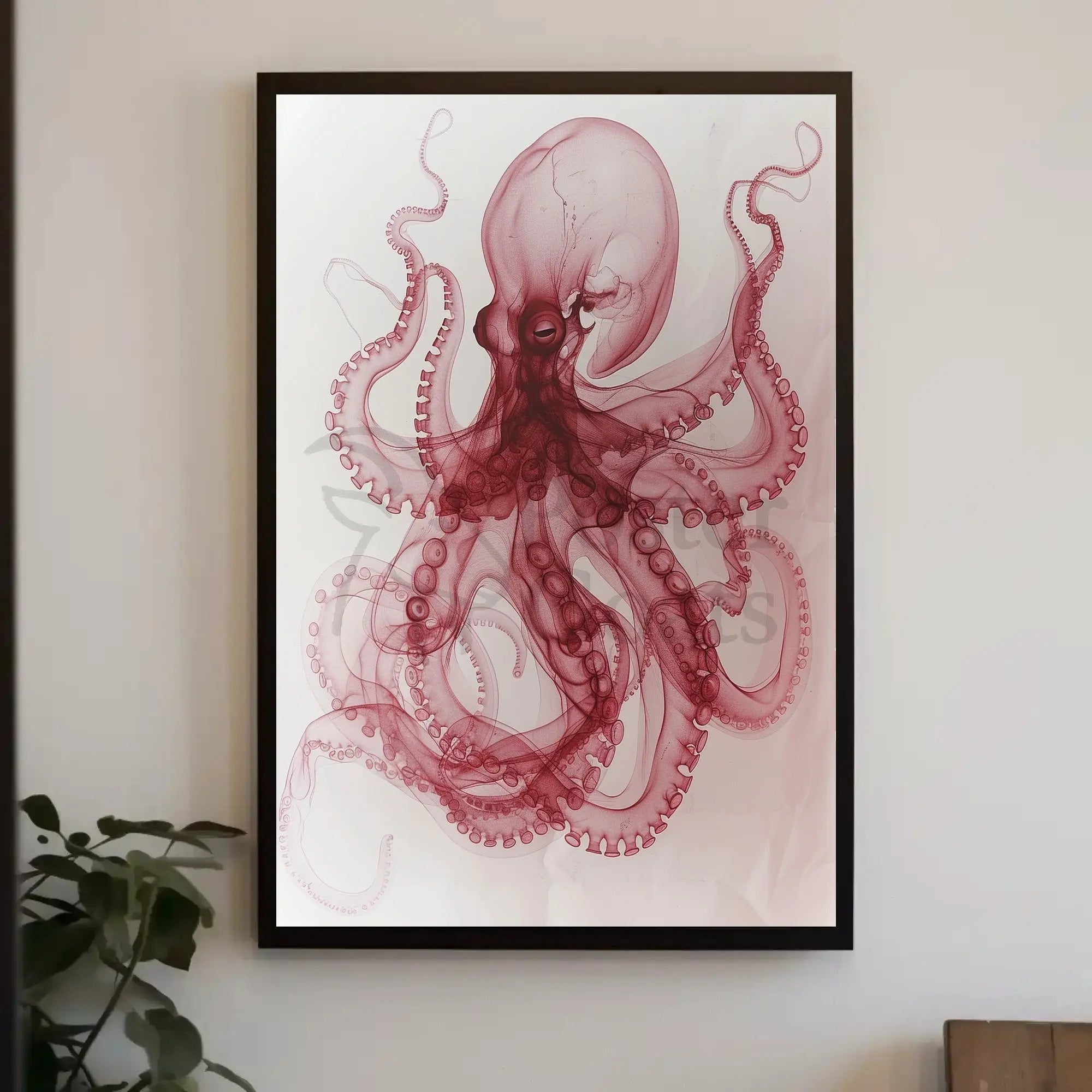 Octopus Illustration in Red and White Animal Poster PosterGoat