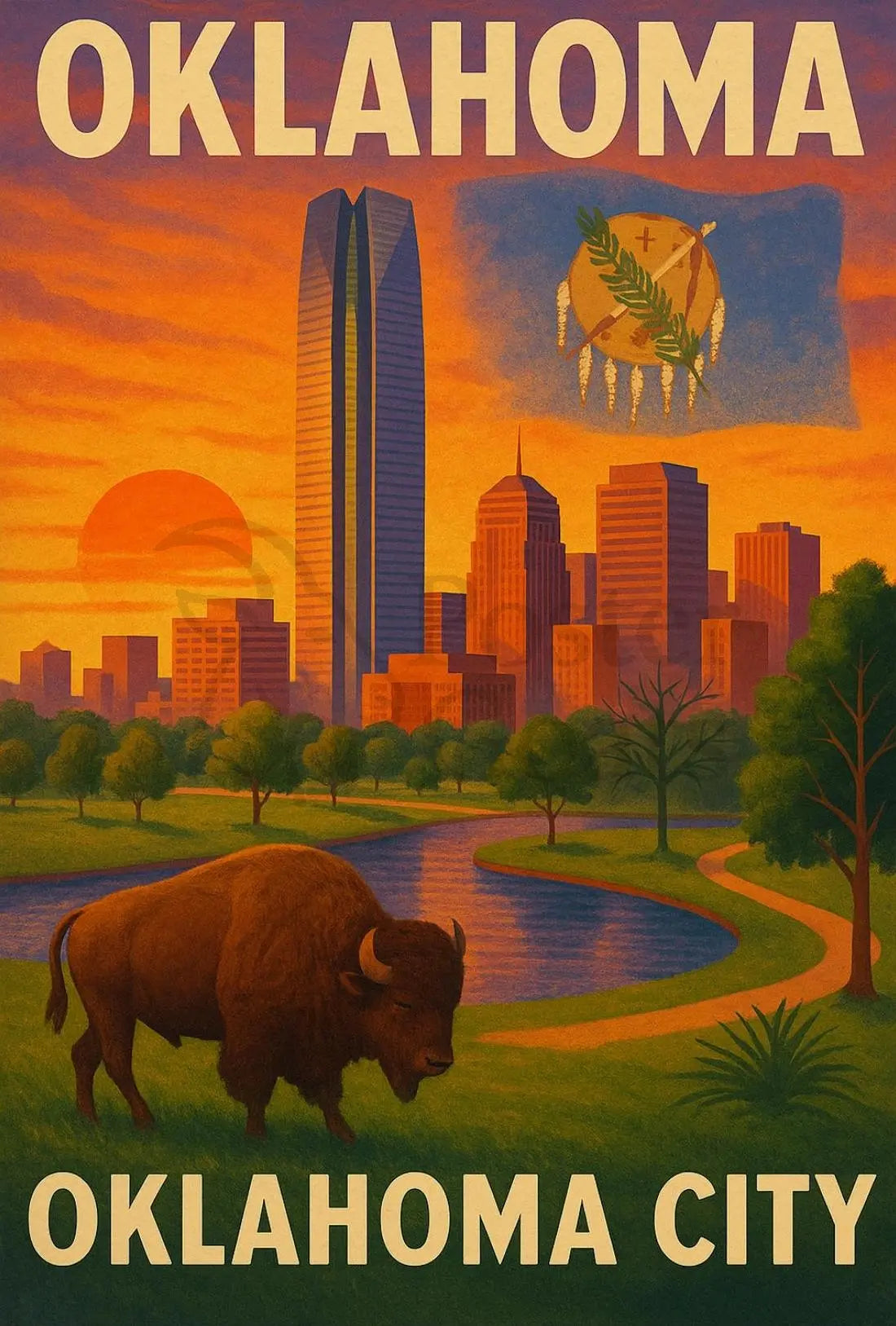 Oklahoma City Skyline with Vibrant Sunset Travel Poster PosterGoat