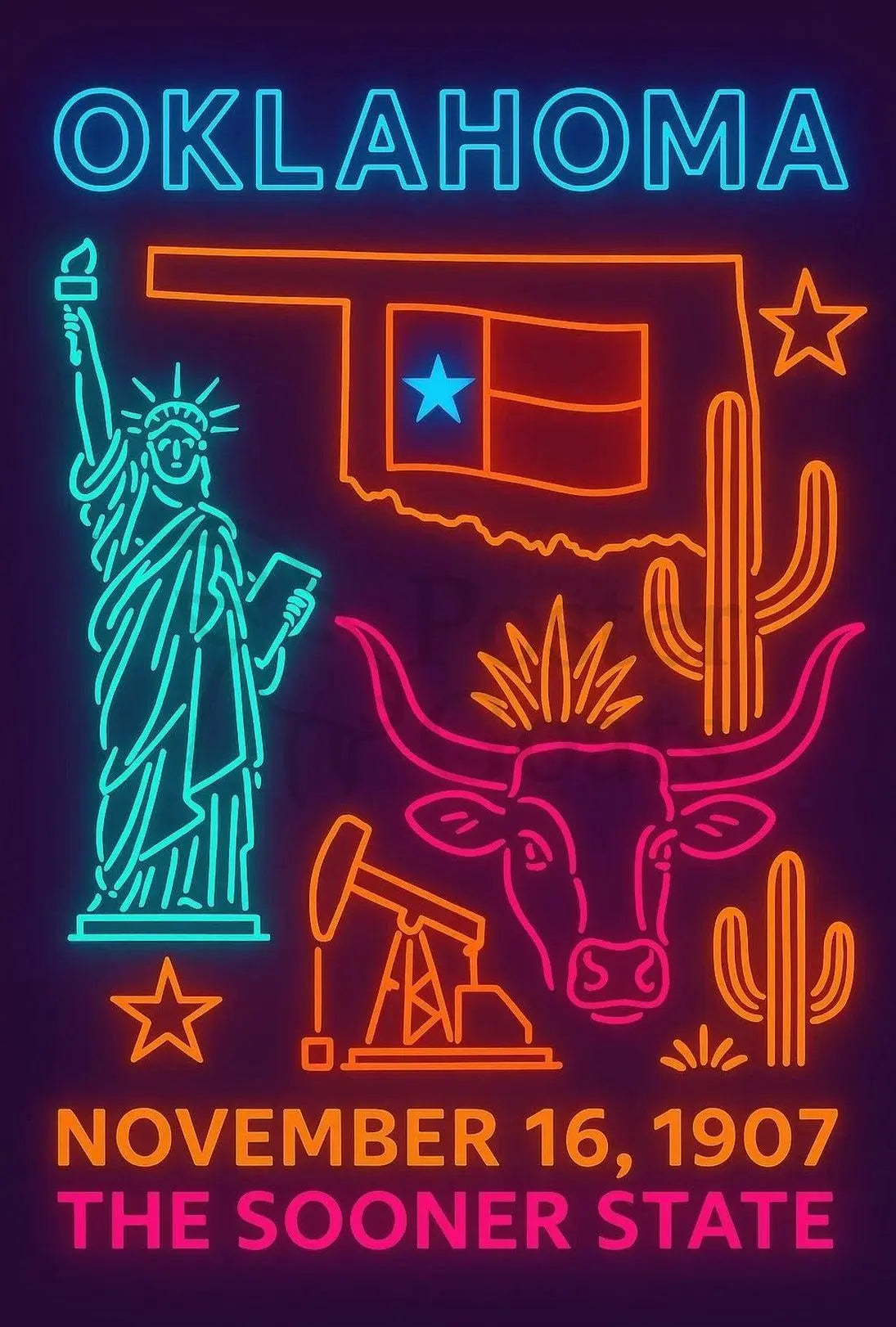 Oklahoma Statehood Neon Art Cultural Heritage Poster PosterGoat