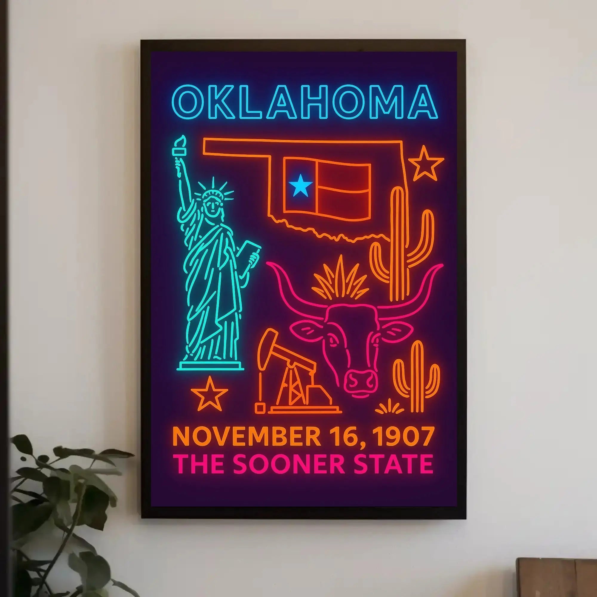 Oklahoma Statehood Neon Art Cultural Heritage Poster PosterGoat