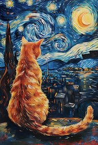 Orange Cat Starry Night-Inspired Artistic Poster PosterGoat