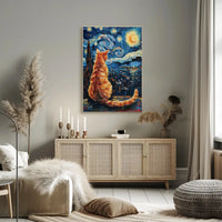 Orange Cat Starry Night-Inspired Artistic Poster PosterGoat