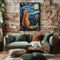 Orange Cat Starry Night-Inspired Artistic Poster PosterGoat