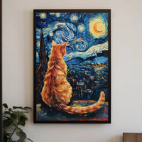 Orange Cat Starry Night-Inspired Artistic Poster PosterGoat